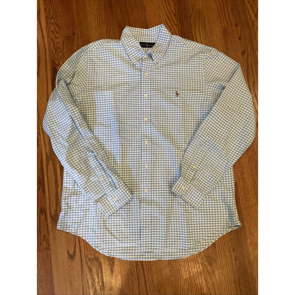 Ralph Lauren Men's Button Up Shirt Blue Gingham Plaid Flesh Pony Size XL - Picture 2 of 11